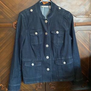 Dark denim Chico’s Jean jacket.